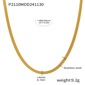 Flat herringbone chain necklace with 18K gold plating and detailed product dimensions