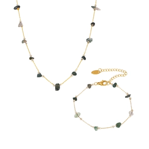 Halskette und Armband Set aus Gold mit grünen Natursteinen und klaren Perlen