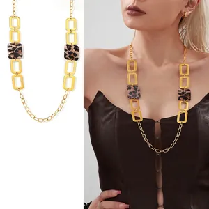 Fashion Women Stainless Steel Sweater Chain Necklace 18K Gold Plated Large Square Geometric Acrylic Leopard Print Long Link