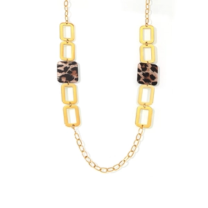 18K gold plated stainless steel sweater necklace featuring acrylic leopard print squares