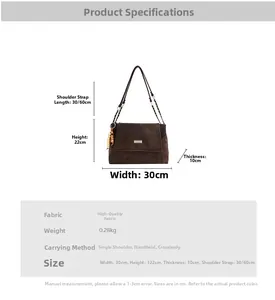 Detailed dimensions of brown suede tote bag with chain strap and logo plaque