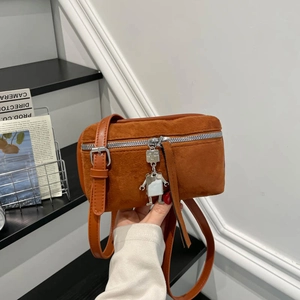Women Minimalist Suede-Like Crossbody Bag Small Matte Square Bag With Robot Pendant Urban Fashion Shoulder Bag For Daily Use