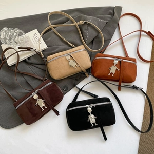 Chic frosted suede crossbody bags with robot pendant in four elegant colors