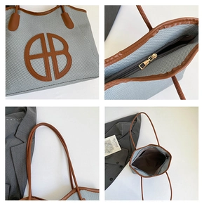 Detail shots of large woven tote bag with leather logo patch and interior zipper view