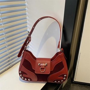 French Vintage PU Leather Suede Underarm Bag For Women Rivets Patchwork Crescent Shoulder Bag Chic Commuting Handbag