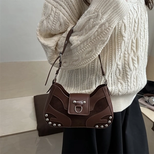 Retro brown contrast texture shoulder bag with metallic hardware and rivet details