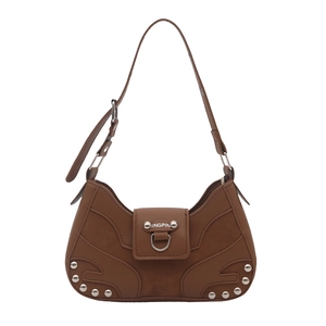 Chic brown underarm shoulder bag with adjustable strap and vintage silver rivet details
