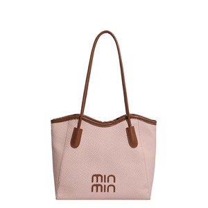 Retro woven pink tote bag with brown handles and elegant large capacity design