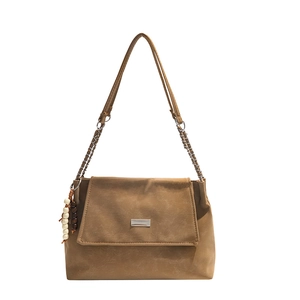 Vintage brown PU leather tote bag with chain strap and wood bead tassel decoration