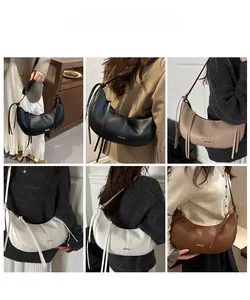 Collage of chic crescent moon bags in four colors styled on models for daily wear
