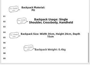 Detailed size specifications for the PU Boston bag showing 34x24x15cm and 0.4kg weight