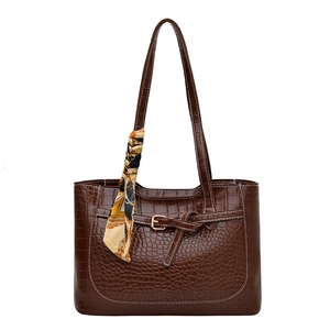 Dark coffee crocodile pattern tote bag with decorative silk scarf and gold buckle