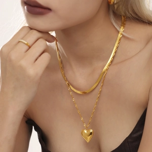 Double Layer Stainless Steel Heart Pendant Necklace 18K Gold Plated Herringbone Twist Layered Chain Jewelry For Women
