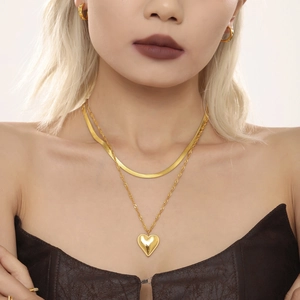 18K gold plated stainless steel layered necklace set with heart pendant and hoop earrings