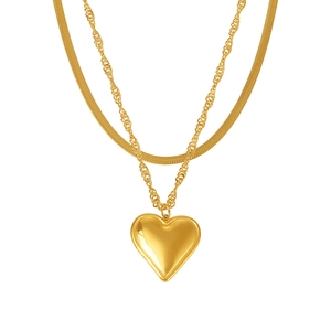 Double-layered 18K gold plated stainless steel heart necklace with herringbone and rope chain