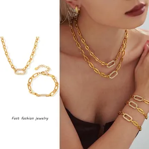 Mode Acier Inoxydable Zircon Chaîne Trombone Maillons Ovales Collier Et Bracelet pour Femme Bijoux Minimalistes Luxe Léger