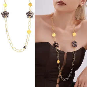 Flower Leopard Print Stainless Steel Long Sweater Necklace Gold Plated Retro Fashion Accessory For Women