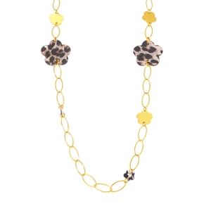 Long gold chain necklace featuring floral charms with leopard print patterns and 18k plating