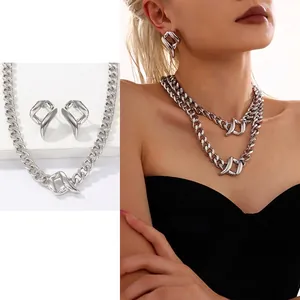 Stainless Steel Necklace And Earrings Chunky Curb Chain Irregular Geometric Twisted Pendant Heavy Metal Punk For Women