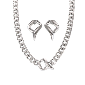Polished silver stainless steel chunky cuban chain necklace and earring set