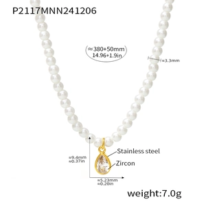 Detalles del collar de perlas con colgante de circón y medidas de acero inoxidable