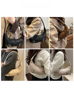 Collage of chic crescent underarm bags in black, coffee, and beige shown on models