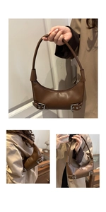 Detailed views of a brown matte PU leather crescent bag with decorative silver buckles