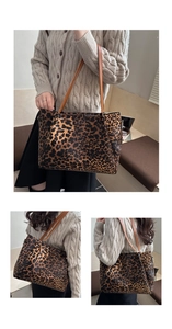 Three-way split view of large leopard print tote bag with brown straps for women