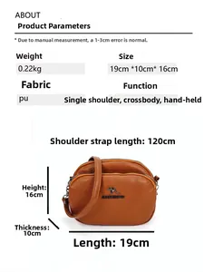 Spécifications du sac en cuir PU marron avec dimensions 19x10x16cm et bandoulière