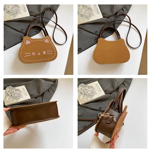 Vue détaillée sur quatre côtés d'un sac à main chat marron avec broderie rose et zip