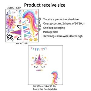 Size guide for unicorn wall decals showing 30x60cm sheets and finished 88x137cm layout