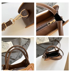 Détails des coutures en cuir, des ferrures dorées et des compartiments d'un sac marron