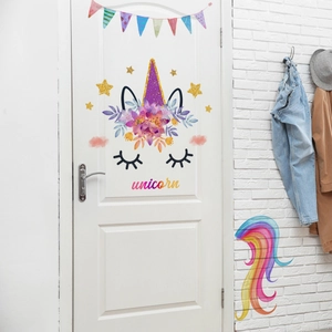 Cartoon unicorn wall decals and colorful flags set for kids room door decorations