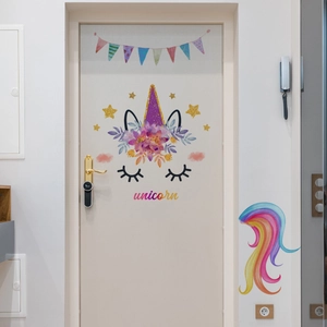 Unicorn wall stickers with colorful bunting and stars for bedroom door decoration