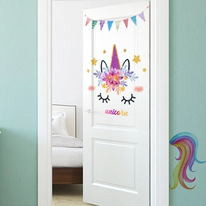 Self-adhesive cartoon unicorn wall and door sticker set for kids room home decor