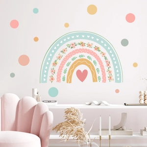 Morandi rainbow wall stickers with floral hearts and dots for a cozy bedroom decoration