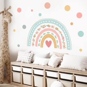 Bohemian rainbow wall stickers with floral dots for nursery and children's room decor
