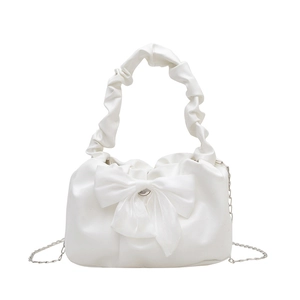 Elegant white bow handbag with pleated handle and silver metal chain strap