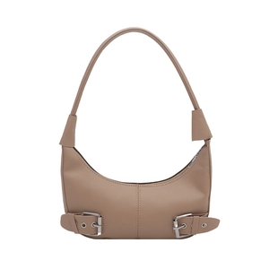 Minimalist khaki half-moon underarm bag in matte leather with decorative metal buckles