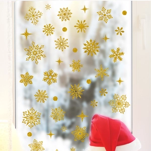 Golden glitter snowflake window clings set for Christmas glass decoration with shiny stars