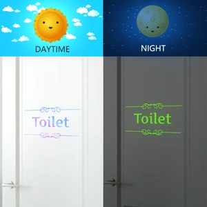 Luminous Toilet door sticker showing day and night glowing effects on PVC material