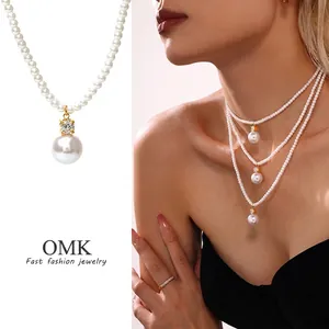 Collier De Künstliche Perles Avec Grand Pendentif En Künstliche Perles De Coquillage Acier Inoxydable Zircon Bijoux Élégants Style Français