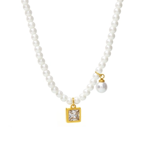 Elegant gold square zircon pendant on white pearl choker necklace for women