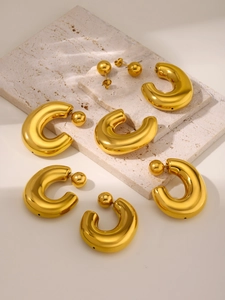 Polished 18K gold PVD plated stainless steel C-shaped hoop earrings and stud set