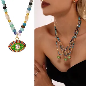 Evil Eye Natural Stone Beaded Necklace Stainless Steel Shell Zircon Enamel Pendant Bohemia Ethnic Style Women Jewelry