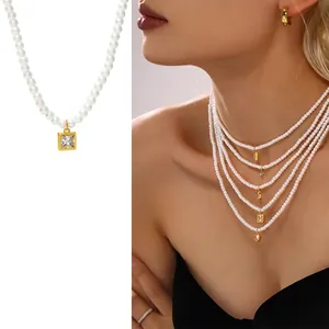 Elegante Collana Di Künstliche Perle Con Ciondolo Geometrico In Zircone Acciaio Inossidabile Placcato Oro Catena Clavicola Donna