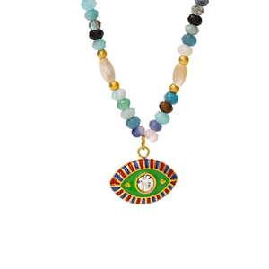 Ethnic handmade natural stone bead necklace with multi-color enamel evil eye pendant