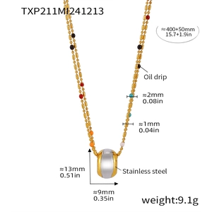 Detail view of multi-color beaded stainless steel necklace with dimensions and weight info