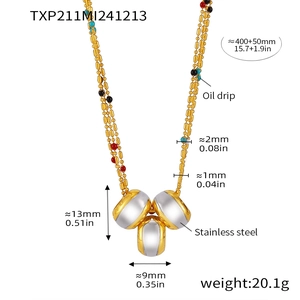 Detail of stainless steel double chain necklace with multicolored oil drip beads