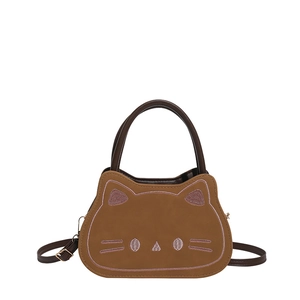 Sac à main chat marron avec broderie rose et double bandoulière sur fond blanc